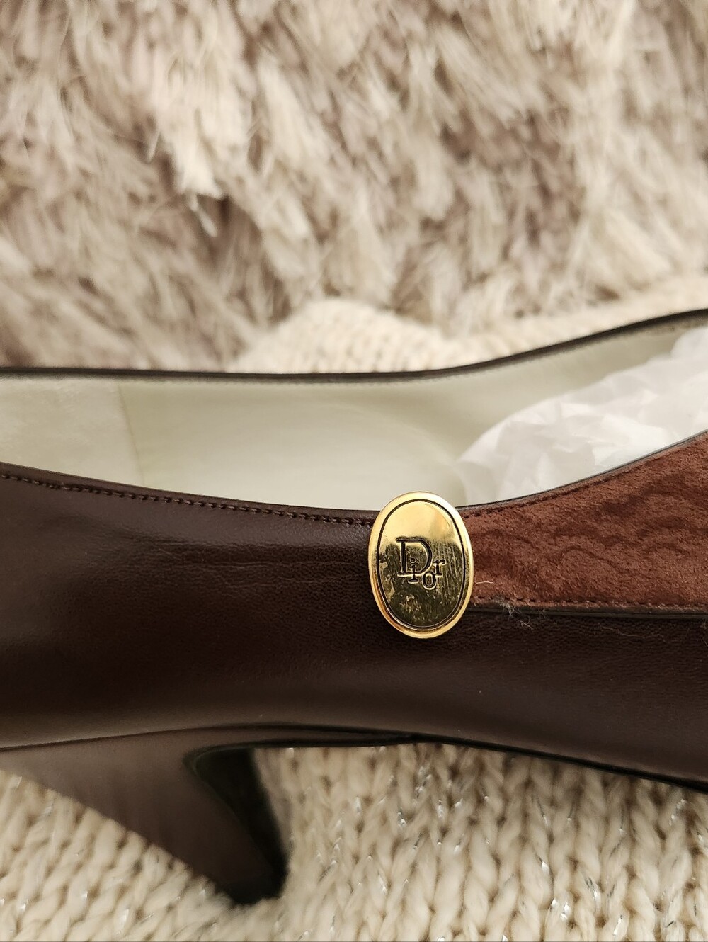 NEW Christian Dior Brown Leather/Suede Soulier Pumps Gold Logo Medallion 7